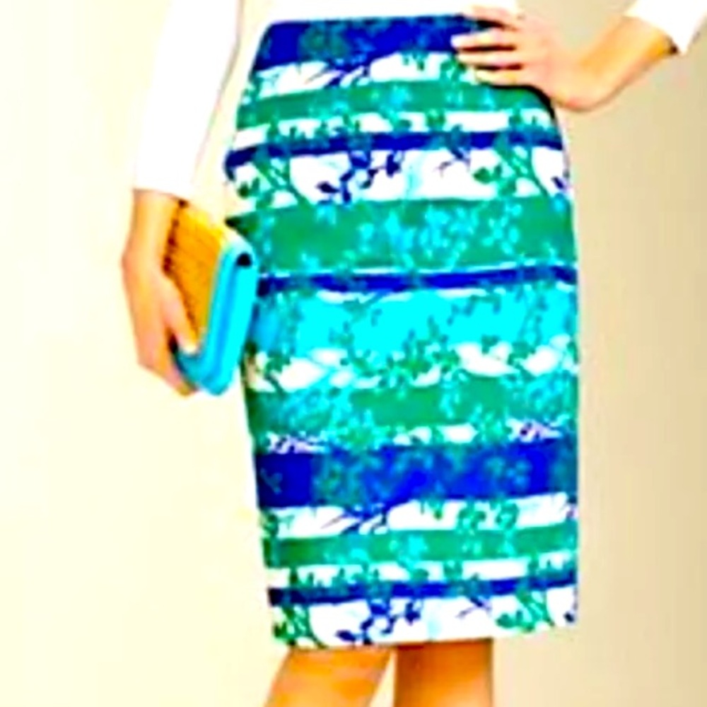 NWT Talbots Canvas Blue Green Printed Leaves Striped A-Line Skirt Size 6 Petite